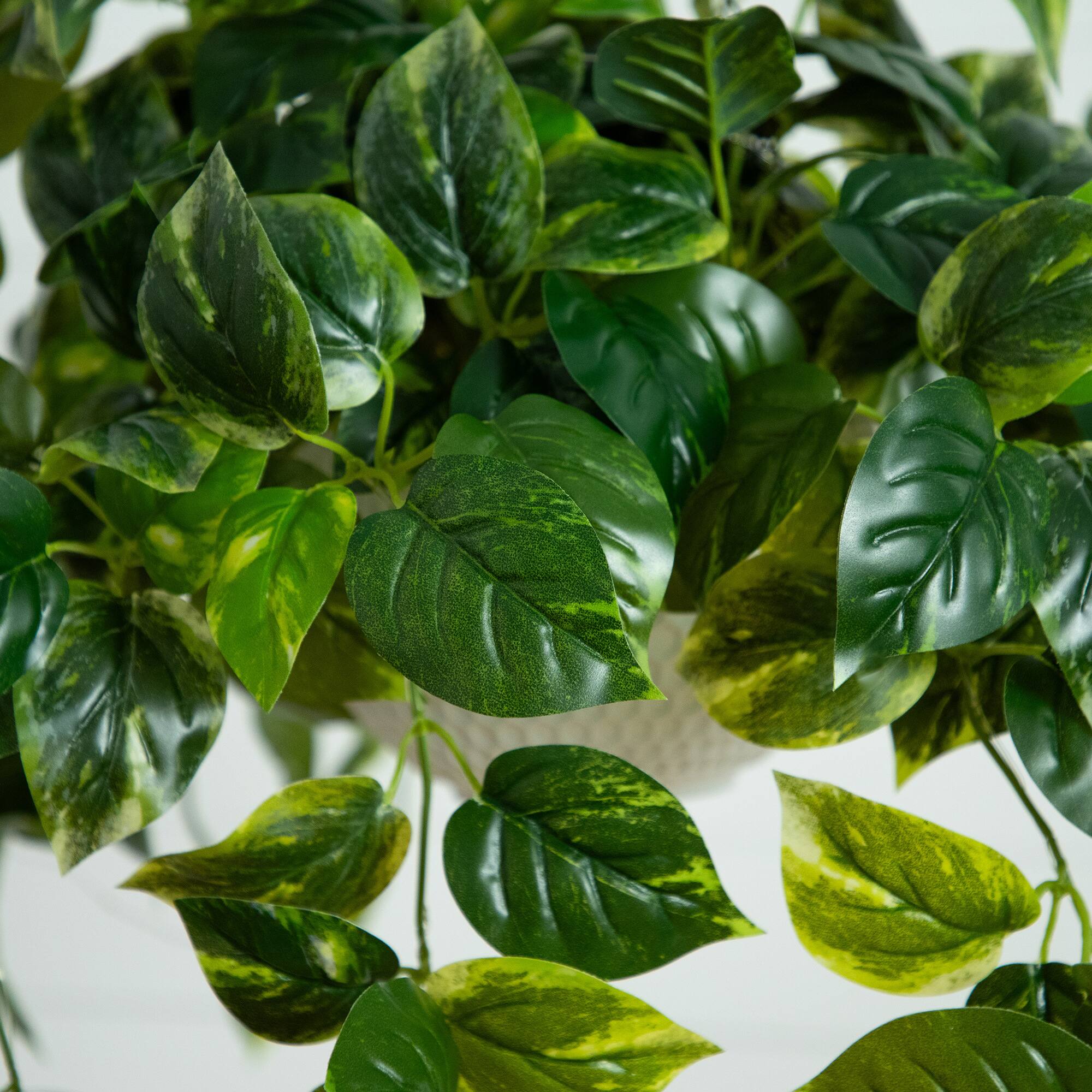 24" UV Resistant Artificial LED Pothos in White Hanging Basket
